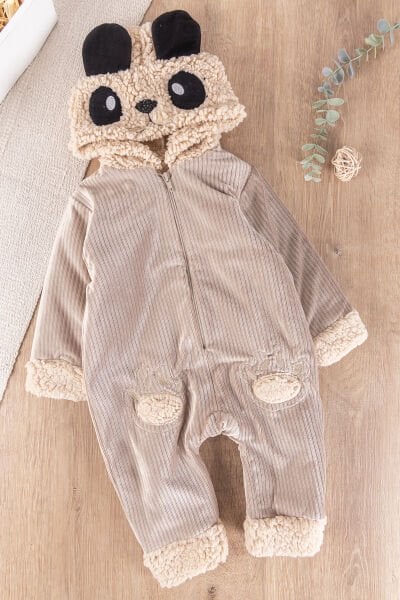 Panda Figürlü Kuzu Welsoft Erkek Bebek Kışlık Tulum