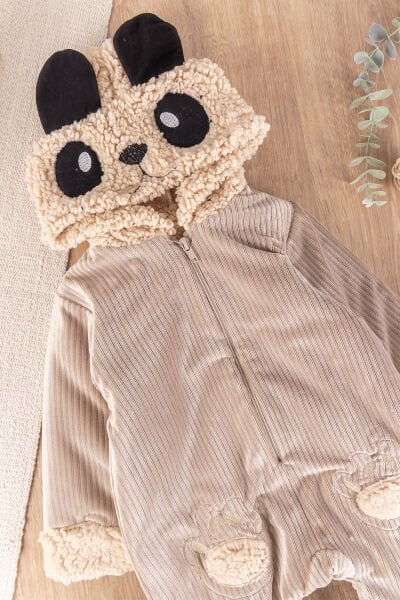 Panda Figürlü Kuzu Welsoft Erkek Bebek Kışlık Tulum