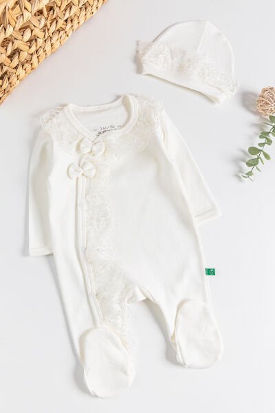 Güpürlü Fiyonklu Kız Bebek Tulum KREM -  0-3 AY