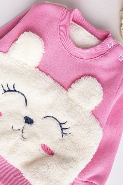 Kız Bebek Takım Kedi Figürlü İçi Polar Bebek Takım