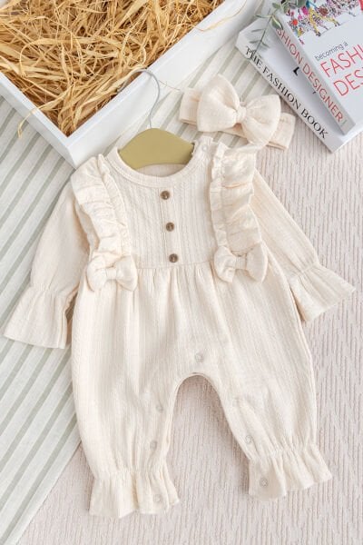 Pamuklu Kız Bebek Tulum Takım Set Bandanalı Fiyonklu