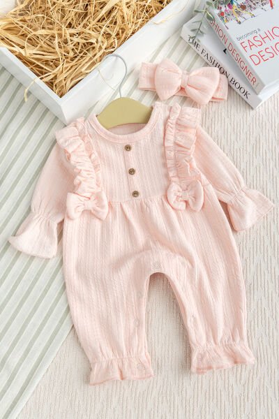 Pamuklu Kız Bebek Tulum Takım Set Bandanalı Fiyonklu SOMON -  0-3 AY