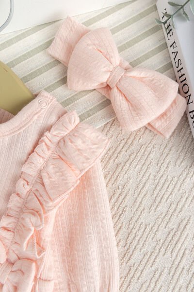 Pamuklu Kız Bebek Tulum Takım Set Bandanalı Fiyonklu SOMON -  0-3 AY