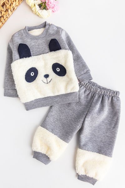 Erkek Bebek Takım Panda Figürlü İçi Polar Bebek Takım