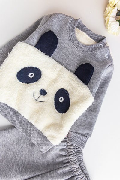 Erkek Bebek Takım Panda Figürlü İçi Polar Bebek Takım