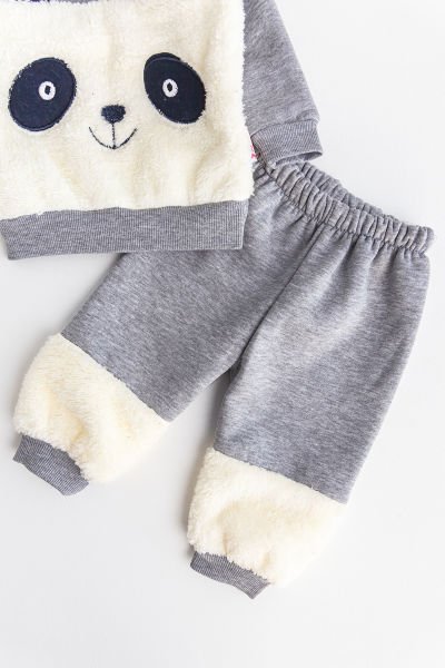 Erkek Bebek Takım Panda Figürlü İçi Polar Bebek Takım