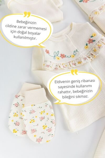 Çiçek Nakışlı Fırfırlı Pamuklu 10 Parça Kız Bebek Hastane Çıkışı Bebek Takımı KREM -  0-3 AY