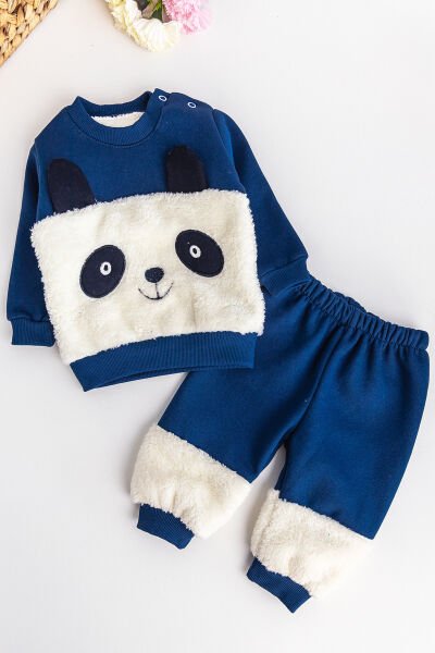 Erkek Bebek Takım Panda Figürlü İçi Polar Bebek Takım