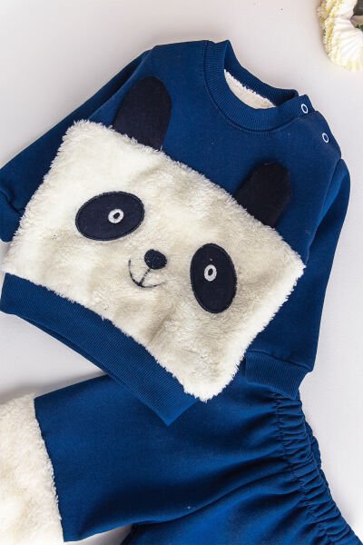 Erkek Bebek Takım Panda Figürlü İçi Polar Bebek Takım