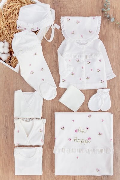 Çiçek İşlemeli Güpürlü Pamuklu 10 Parça Kız Bebek Hastane Çıkışı Bebek Takımı