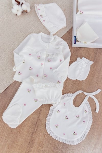 Çiçek İşlemeli Güpürlü Pamuklu 10 Parça Kız Bebek Hastane Çıkışı Bebek Takımı