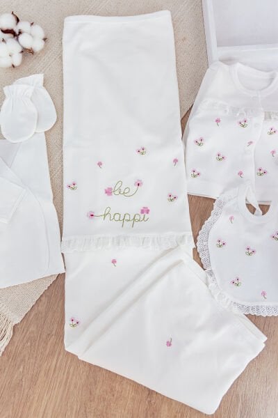 Çiçek İşlemeli Güpürlü Pamuklu 10 Parça Kız Bebek Hastane Çıkışı Bebek Takımı