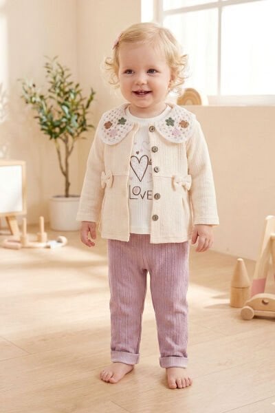 Kız Bebek Çocuk Hırkalı Çiçek İşlemeli %100 Pamuk 3'lü Takım Set