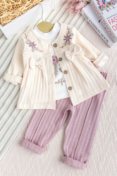 Kız Bebek Çocuk Hırkalı Çiçek İşlemeli %100 Pamuk 3'lü Takım Set