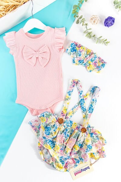 Çiçekli Bandanalı Yazlık Kız Bebek Tulum Salopet Takım