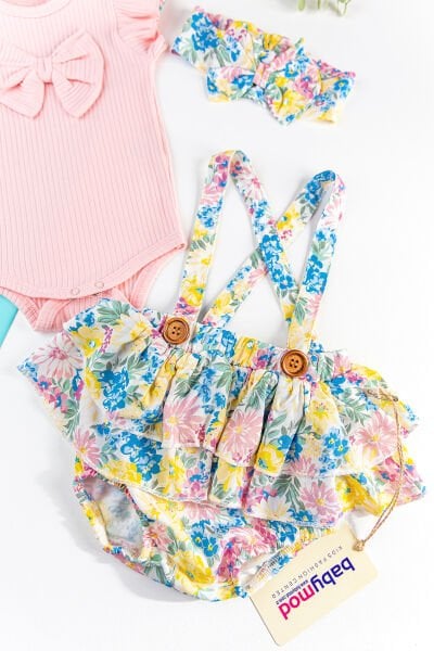 Çiçekli Bandanalı Yazlık Kız Bebek Tulum Salopet Takım