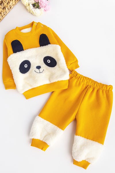 Erkek Bebek Takım Panda Figürlü İçi Polar Bebek Takım