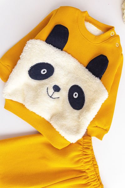 Erkek Bebek Takım Panda Figürlü İçi Polar Bebek Takım