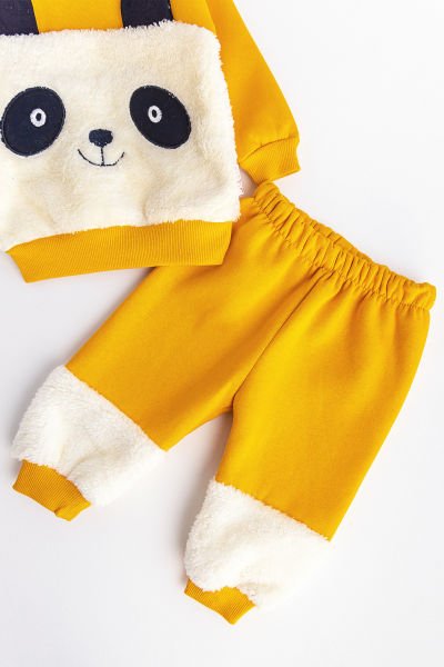 Erkek Bebek Takım Panda Figürlü İçi Polar Bebek Takım