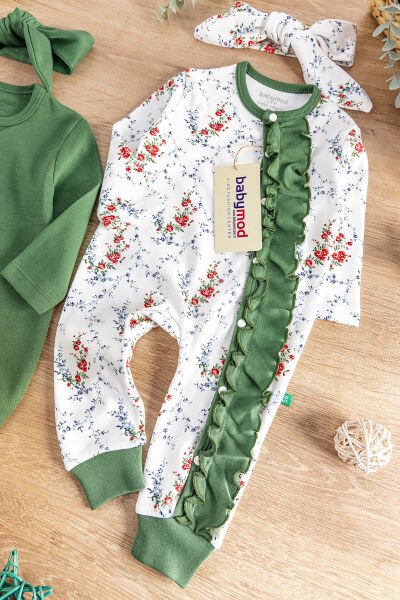Fırfırlı Çiçek Desenli İkili Uzun Kollu Kız Bebek Tulum Takım YEŞİL - 3-6 AY