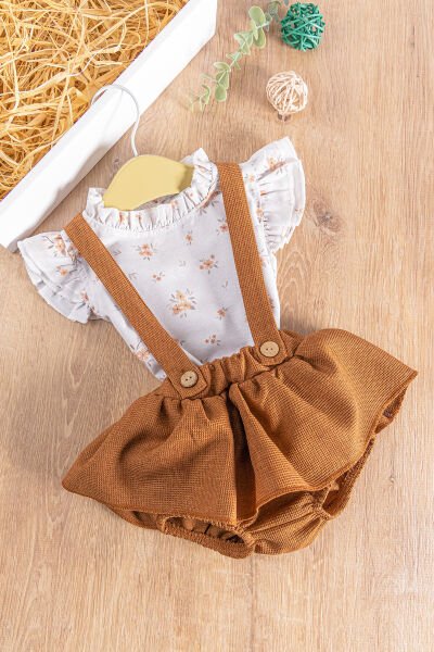 Çiçekli Gömlekli Yazlık Kız Bebek Salopet Elbise Takım KAHVERENGİ -  6-9 AY