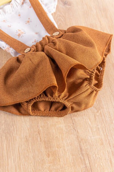 Çiçekli Gömlekli Yazlık Kız Bebek Salopet Elbise Takım KAHVERENGİ -  6-9 AY