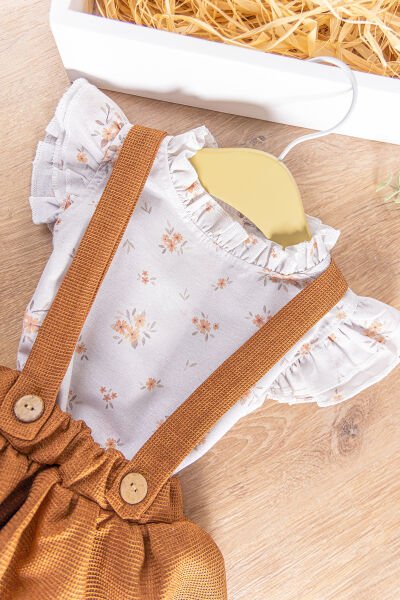 Çiçekli Gömlekli Yazlık Kız Bebek Salopet Elbise Takım KAHVERENGİ -  6-9 AY