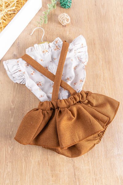 Çiçekli Gömlekli Yazlık Kız Bebek Salopet Elbise Takım KAHVERENGİ -  6-9 AY