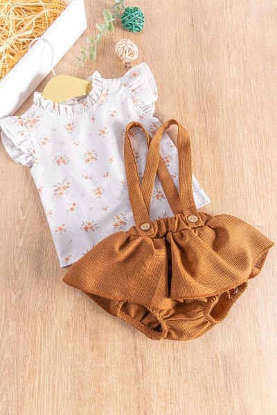 Çiçekli Gömlekli Yazlık Kız Bebek Salopet Elbise Takım KAHVERENGİ -  6-9 AY