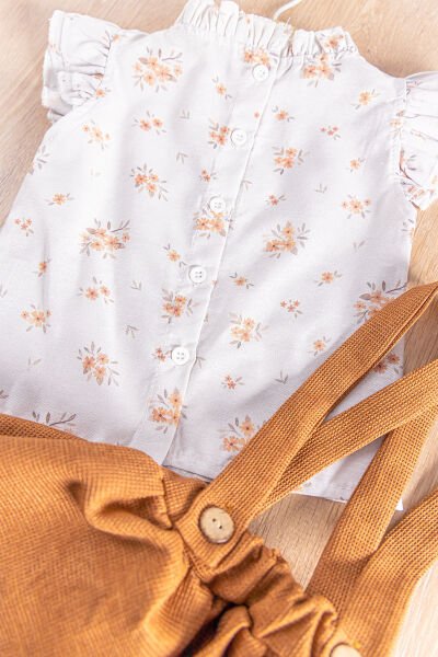 Çiçekli Gömlekli Yazlık Kız Bebek Salopet Elbise Takım KAHVERENGİ -  6-9 AY