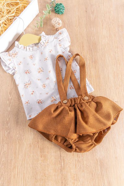Çiçekli Gömlekli Yazlık Kız Bebek Salopet Elbise Takım KAHVERENGİ -  9-12 AY