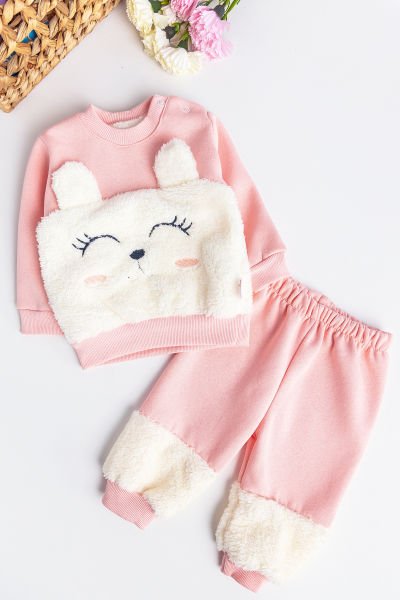 Kız Bebek Takım Kedi Figürlü İçi Polar Bebek Takım