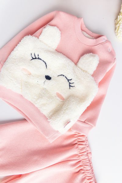 Kız Bebek Takım Kedi Figürlü İçi Polar Bebek Takım