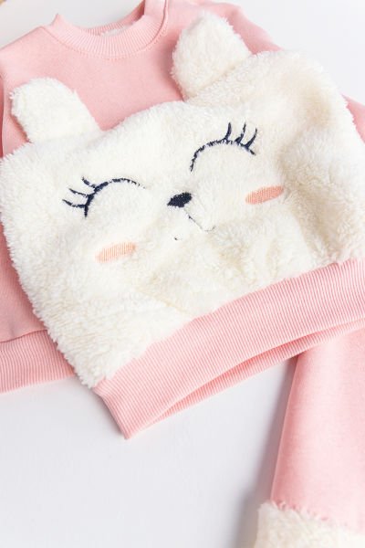 Kız Bebek Takım Kedi Figürlü İçi Polar Bebek Takım