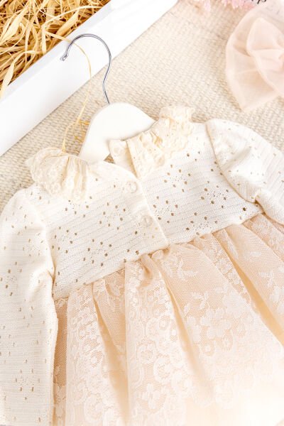 Güpürlü Bandanalı Triko Şık Kız Bebek Elbise Tulum