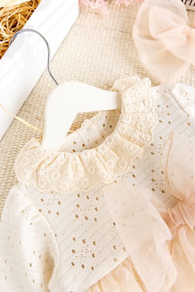 Güpürlü Bandanalı Triko Şık Kız Bebek Elbise Tulum