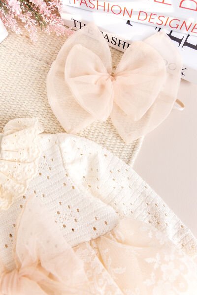 Güpürlü Bandanalı Triko Şık Kız Bebek Elbise Tulum