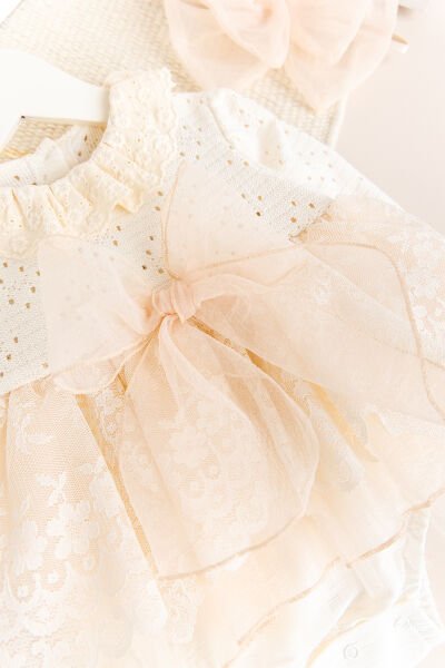 Güpürlü Bandanalı Triko Şık Kız Bebek Elbise Tulum