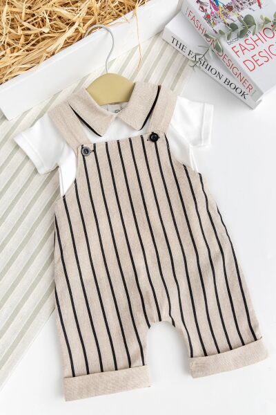 Erkek Bebek %100 PamukYazlık Salopet Tulum Set BEJ -  0-3 AY