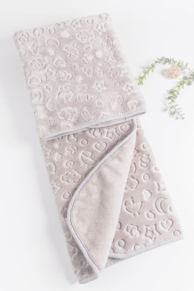 Kendinden Desenli Peluş Kız/Erkek Bebek Battaniye GRİ - 100 x 120