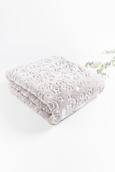 Kendinden Desenli Peluş Kız/Erkek Bebek Battaniye GRİ - 100 x 120