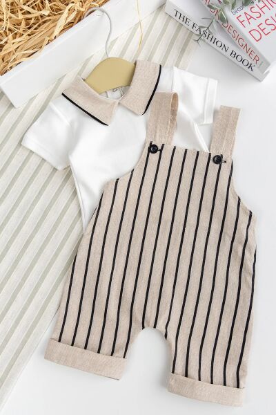 Erkek Bebek %100 PamukYazlık Salopet Tulum Set BEJ -  6-9 AY