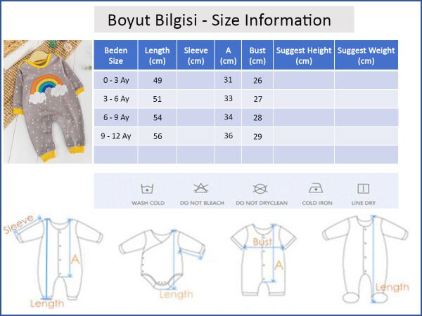Gökkuşağı Desenli Kız/Erkek Bebek Tulum KAHVERENGİ -  9-12 AY