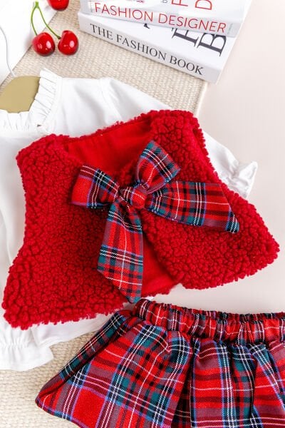 Yelekli Gömlekli 3 lü Şık Özel Gün  Kız Bebek Takım Set Kırmızı