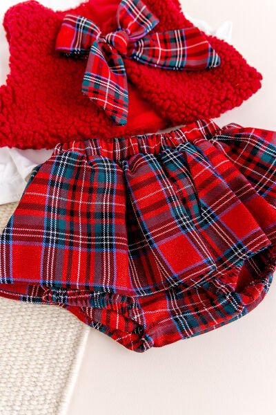 Yelekli Gömlekli 3 lü Şık Özel Gün  Kız Bebek Takım Set Kırmızı