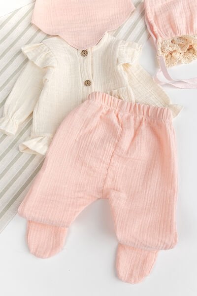 Müslin %100 Pamuk Kız Bebek 4 Parça Hastane Çıkışı Bebek Takımı