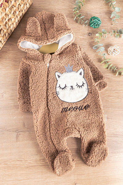 Kedi Figürlü Peluş Welsoft Kız/Erkek Bebek Tulum KAHVERENGİ -  0-3 AY