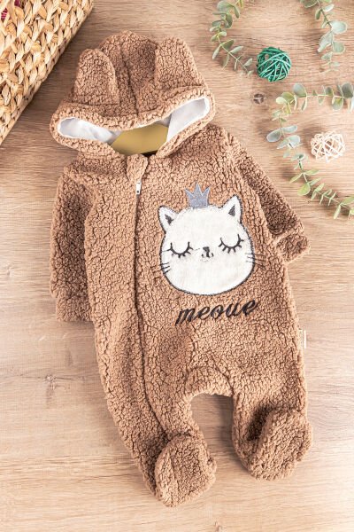Kedi Figürlü Peluş Welsoft Kız/Erkek Bebek Tulum KAHVERENGİ - 3 Ay