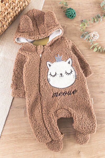 Kedi Figürlü Peluş Welsoft Kız/Erkek Bebek Tulum KAHVERENGİ - 3 Ay