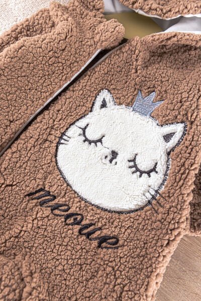 Kedi Figürlü Peluş Welsoft Kız/Erkek Bebek Tulum KAHVERENGİ - 3 Ay